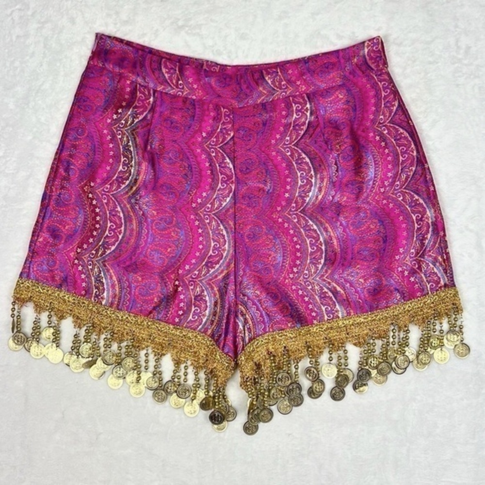 PLT Satin Paisley Gold Purple Pink Metallic Coin High Waisted Festival Shorts